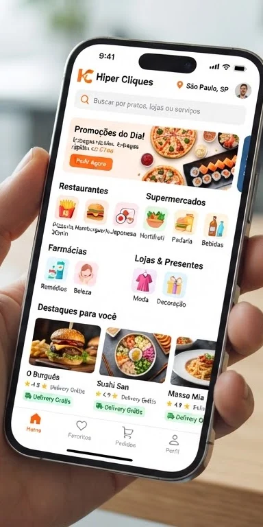 Celular exibindo o aplicativo Hiper Cliques, com promoções do dia, categorias de restaurantes, supermercados e farmácias, e lojas em destaque.